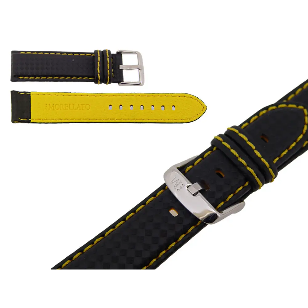 Cinturino Biking in techno carbonio giallo ansa 20, pelle nero-giallo con fibbia argento e texture fibra di carbonio