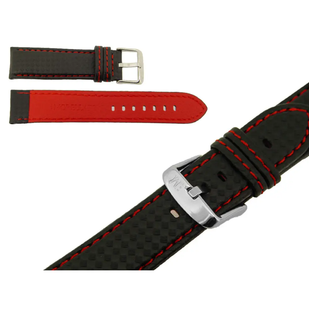 Cinturino Biking Techno Carbonio Rosso Ansa 24 in pelle nero-rosso con fibbia argento e texture carbonio