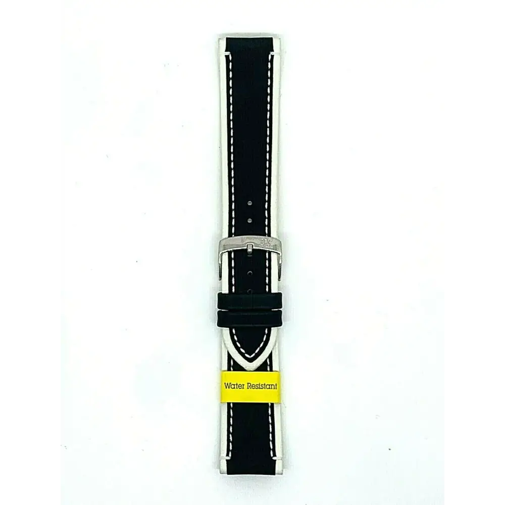 Cinturino Curling Water Resistant in Lorica Ansa 22 Bianco in pelle nera con cuciture bianche e fibbia argento