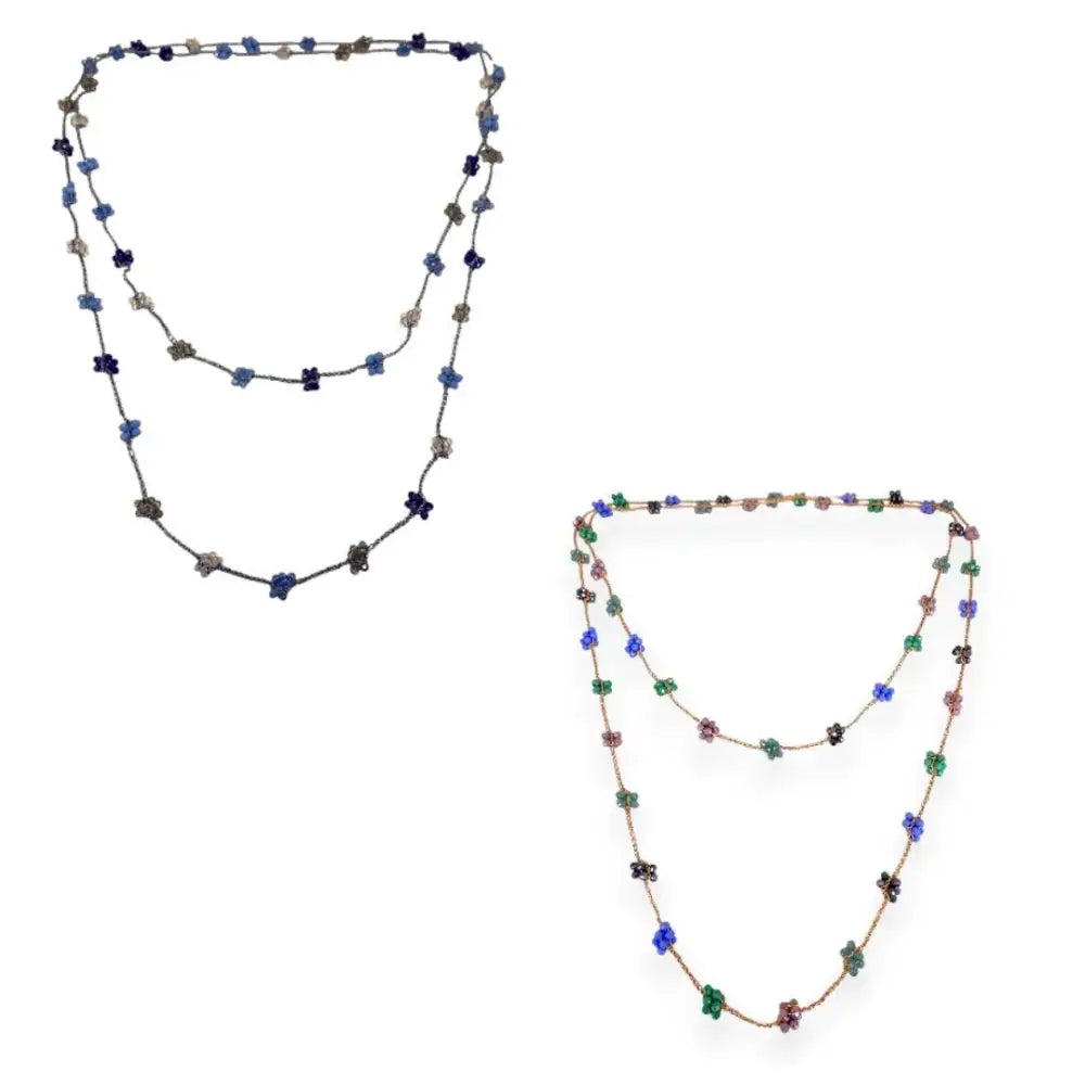 Due collane double strand handmade Flora con cristalli floreali blu, verdi e viola