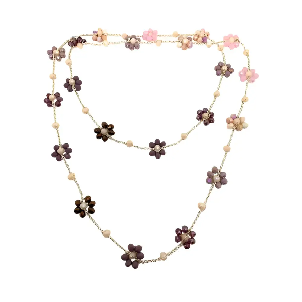 Collana handmade Petalia con fiori rosa viola e perle su catena oro