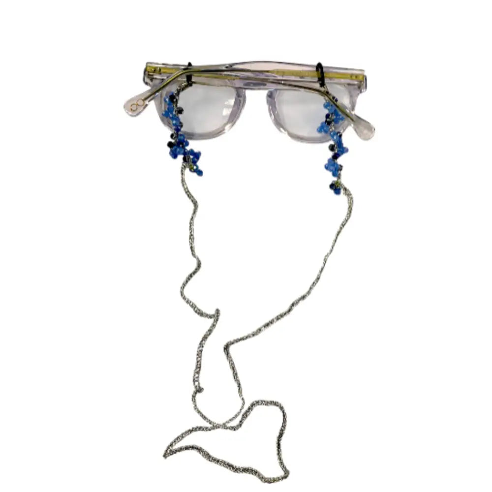 Occhiali con catena decorativa handmade Vento, cristalli sfaccettati blu e neri