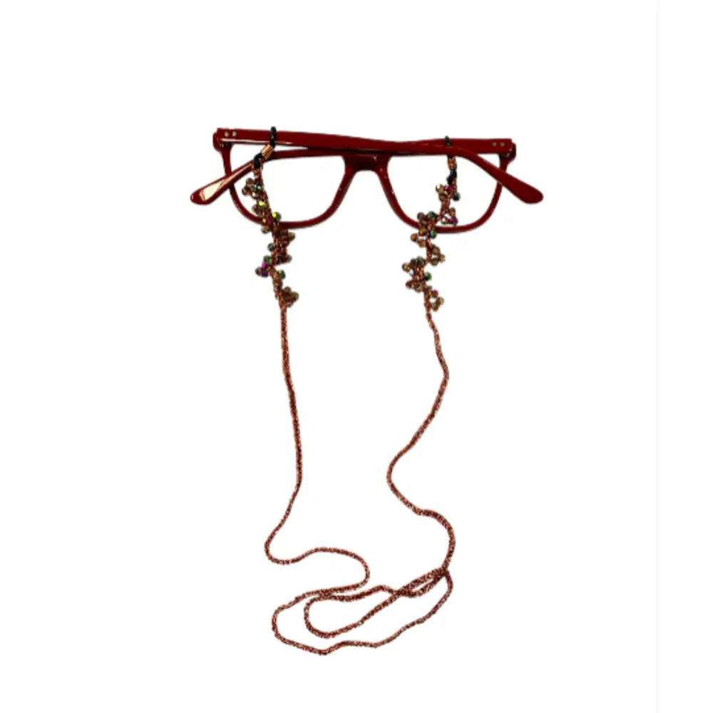 Occhiali con cordoncino handmade Vento in cristalli sfaccettati rossi e dorati
