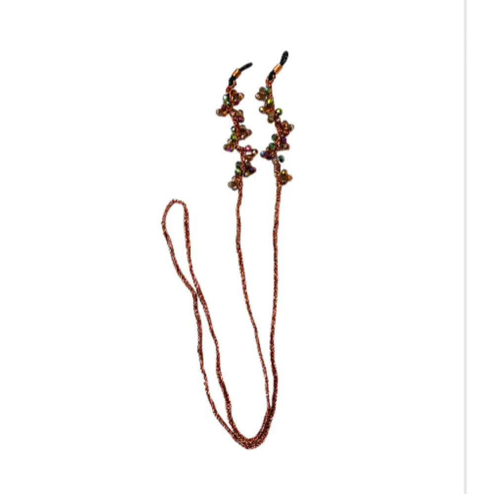 Catena per occhiali handmade Vento con cristalli sfaccettati rame perline verdi viola iridescenti