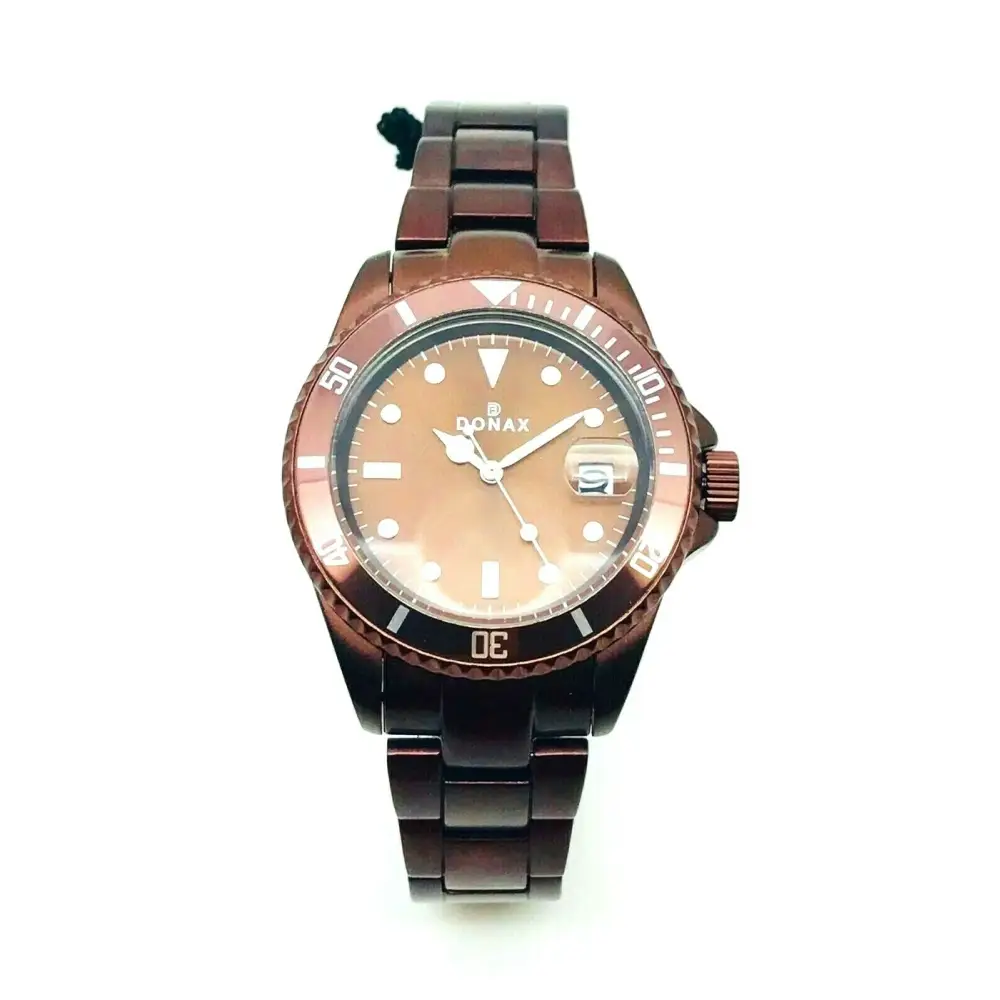 Orologio unisex Donax con cassa e bracciale in alluminio marrone, quadrante oro rosa e finestra data