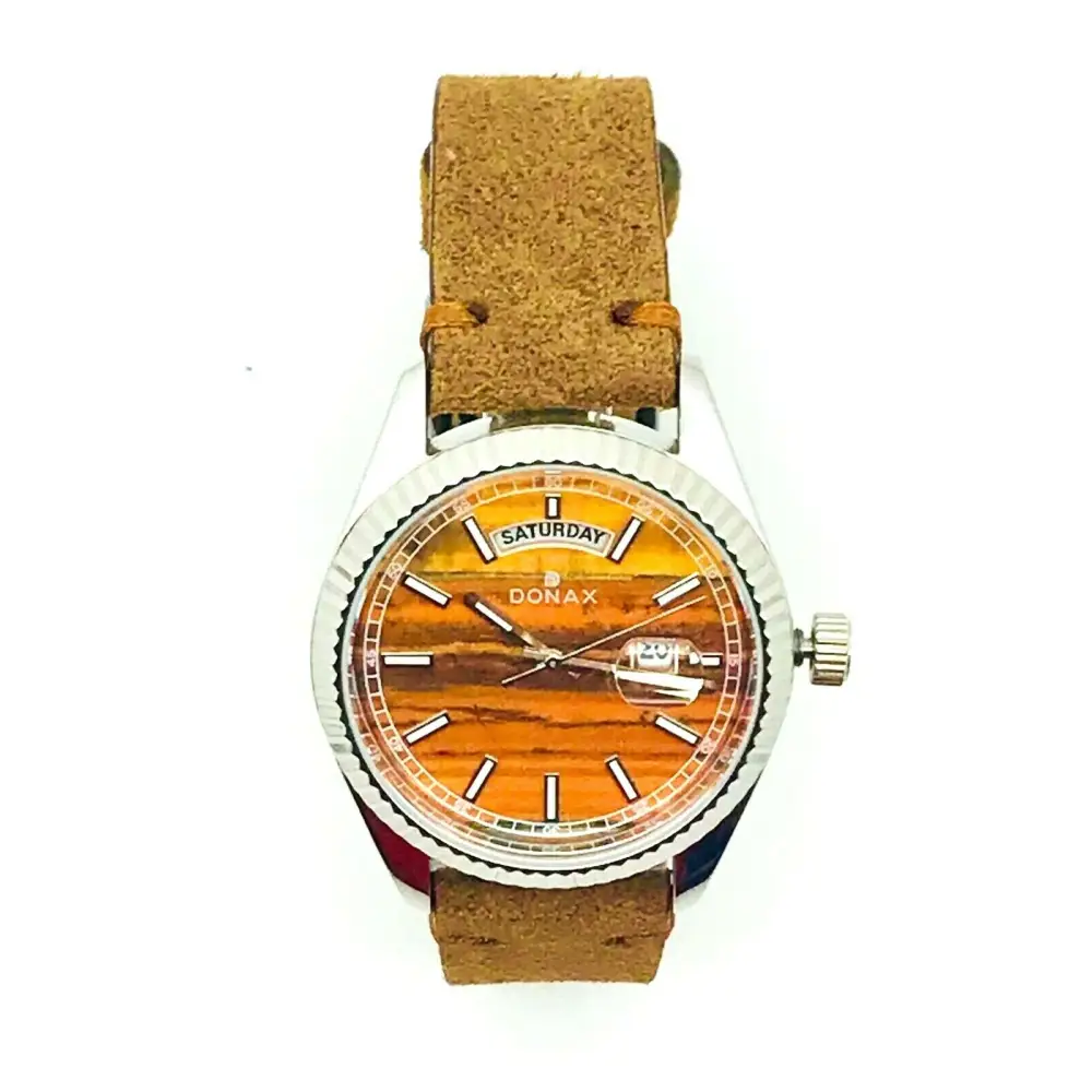 Orologio Donax unisex con quadrante arancione effetto legno e cinturino in pelle marrone