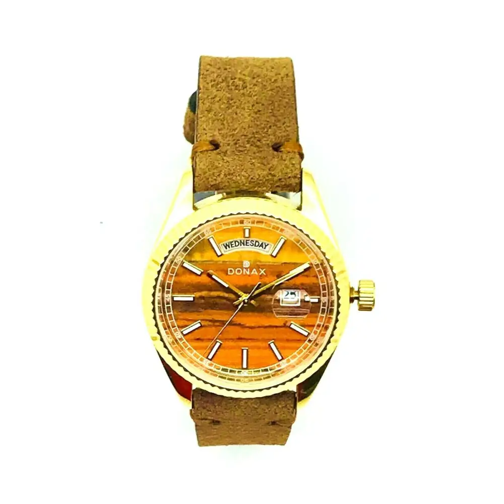 Orologio unisex Donax Orologio con quadrante in legno arancione, oro e cinturino in pelle marrone