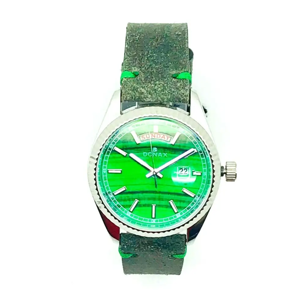 Orologio unisex Donax verde in pelle con accenti argento e finestra data