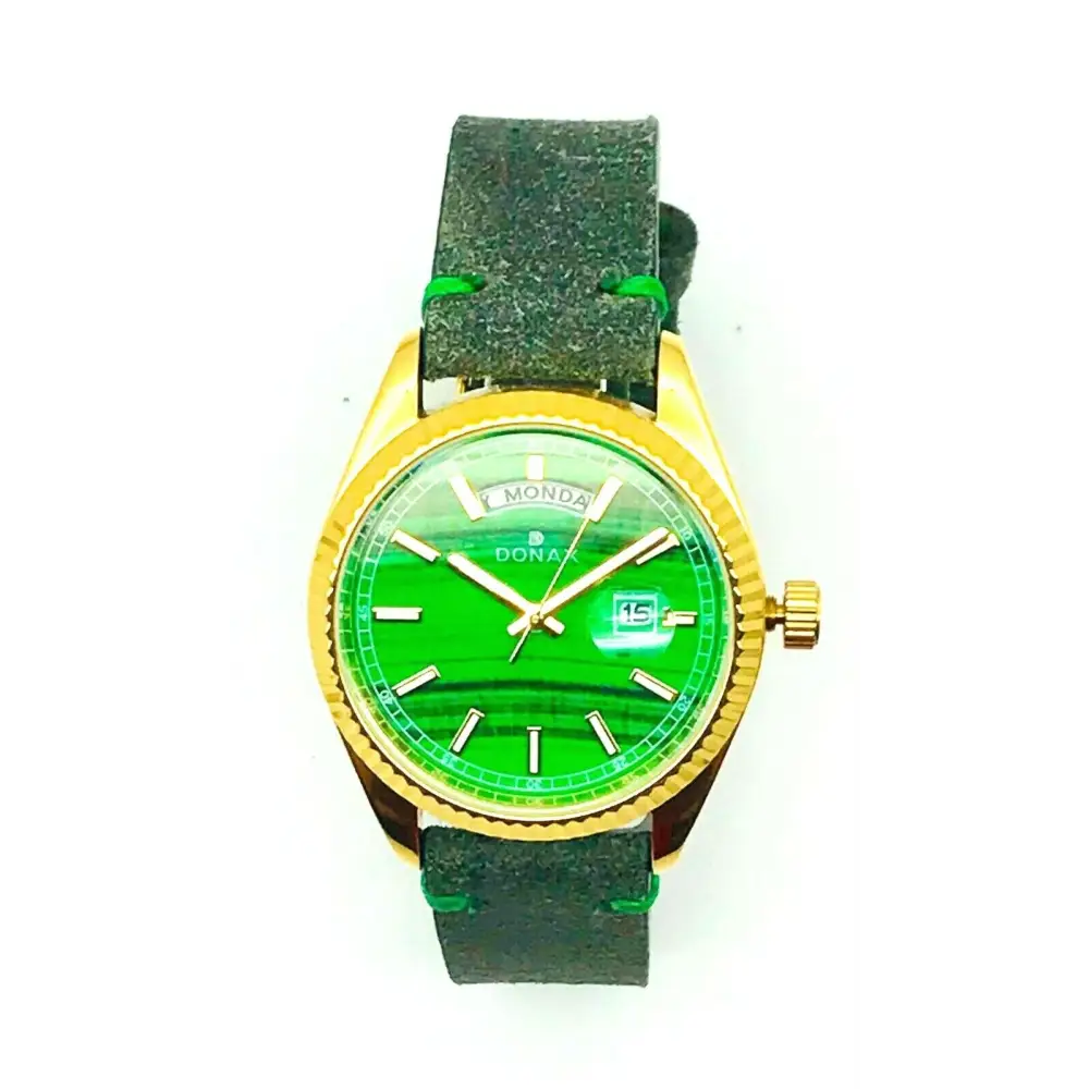 Orologio unisex Donax con data, cinturino verde in pelle e accenti oro