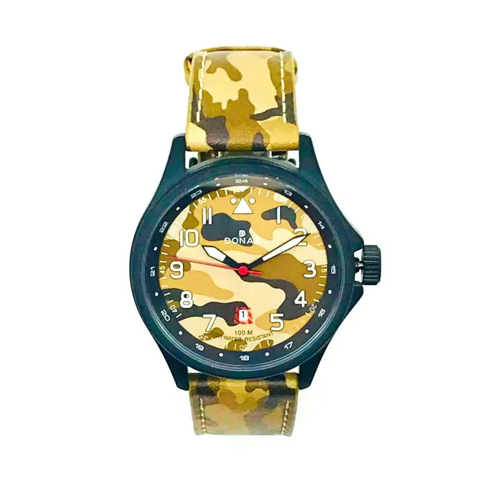 Orologio Donax Orologio Uomo Date Just Camouflage in pelle mimetica verde e gialla con bezel nero