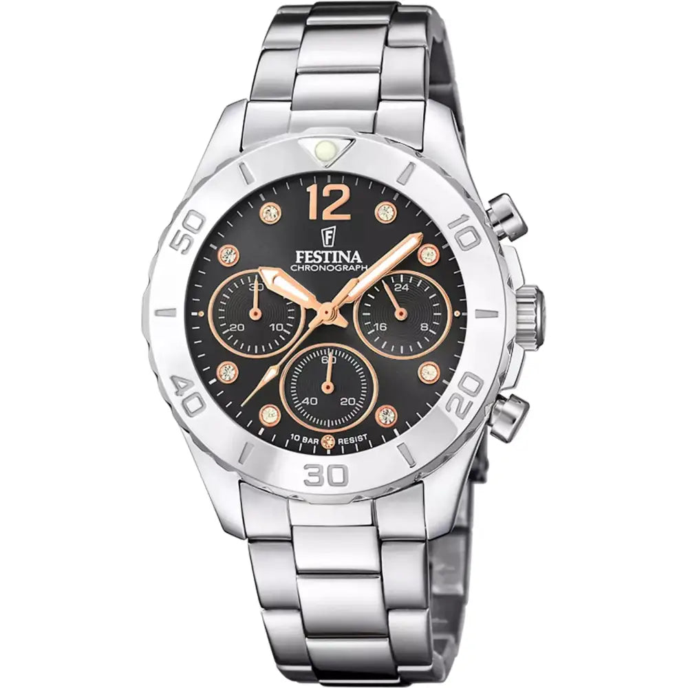 Orologio Festina Orologio Donna Boyfriend Chronograph F20603/6 in acciaio silver con quadrante nero e accenti oro rosa