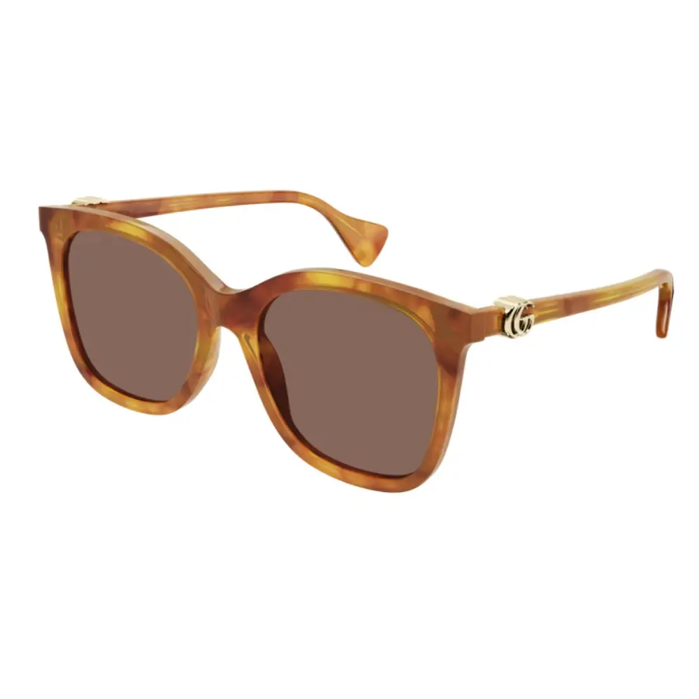 Occhiali da sole Gucci GG1071S donna, montatura tartaruga, lenti marroni, logo GG oro
