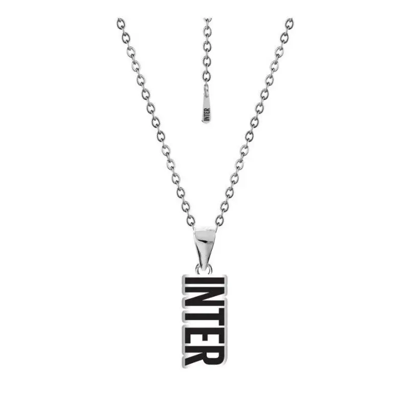 Collana Inter in acciaio con ciondolo rettangolare argento e testo inter nero