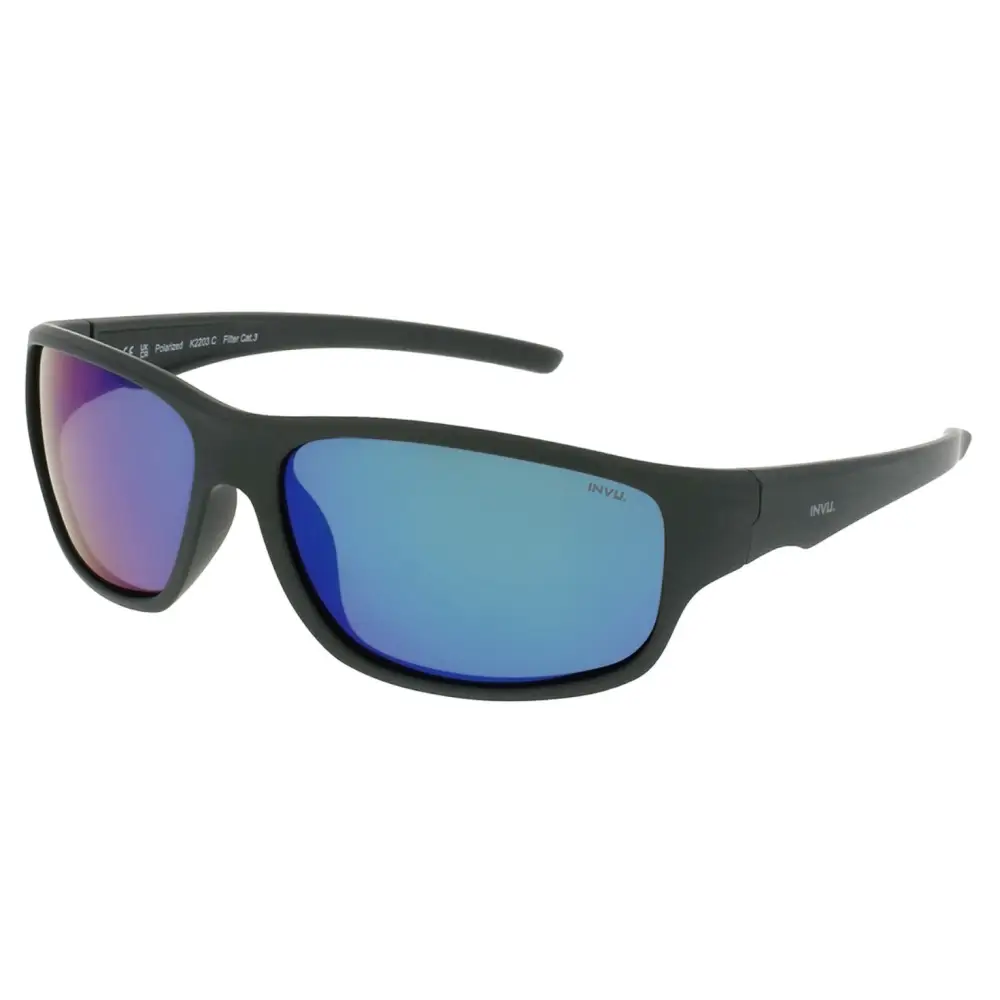 Occhiali da sole bambino INVU K2203C neri rettangolari con lenti blu specchiate ultrapolarizzate