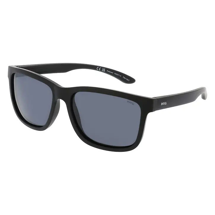 Occhiali da sole sportivi uomo invu con montatura rettangolare nera e lenti grigio scuro ultra polarizzate IA22411A