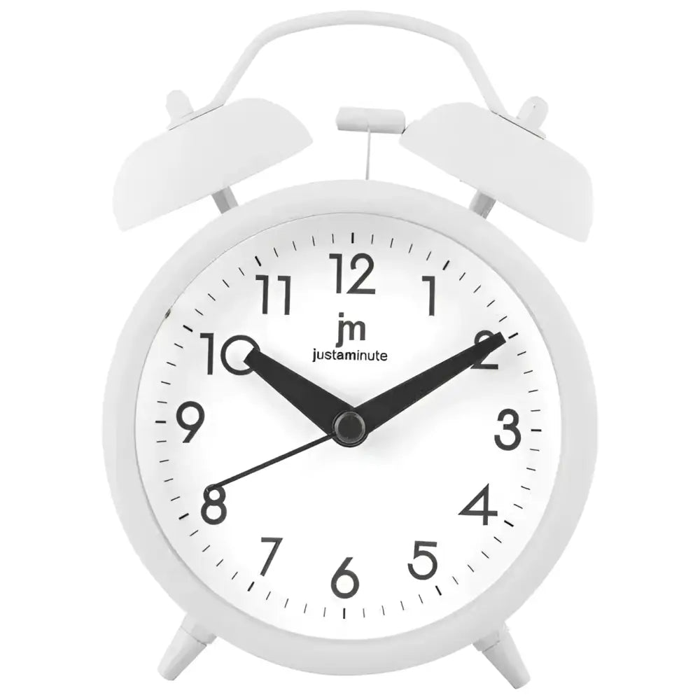 Orologio sveglia analogico Justaminute bianco con numeri neri, luce e suoneria a campana