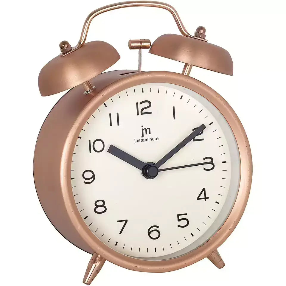 Orologio sveglia analogico rose gold con campane gemelle, quadrante bianco e lancette nere, design minimalista JUSTAMINUTE JA7111R