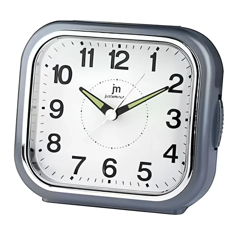 Orologio sveglia Justaminute sveglio quarzo analogica con luce snooze e suoneria a campane JA7103A in argento con quadrante bianco e nero e accenti cromati