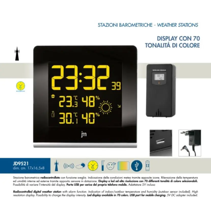 Sveglia Justaminute JD9521 stazione barometrica digitale nera con display LED multicolor ad alta risoluzione, porta USB e 70 tonalità