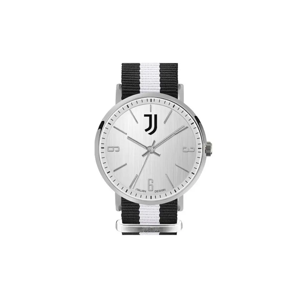 Orologio analogico Juventus FC con stemma, quadrante nero e bianco, cinturino in nylon