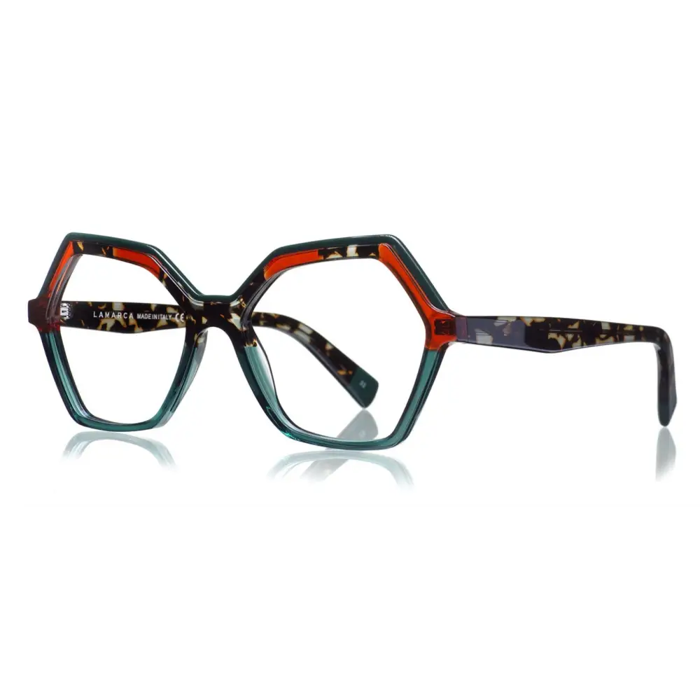 Occhiali da vista donna Lamarca MOSAICO 147 colore 04 in acetato esagonale tartarugato con gradiente teal e rosso, logo Lanvin