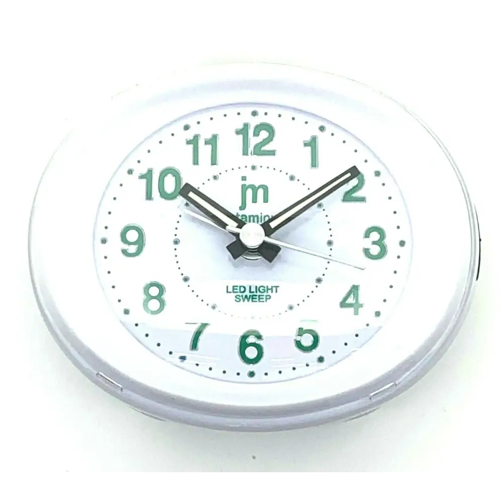 Orologio analogico bianco Lowell con numeri verdi, sveglia e luce LED