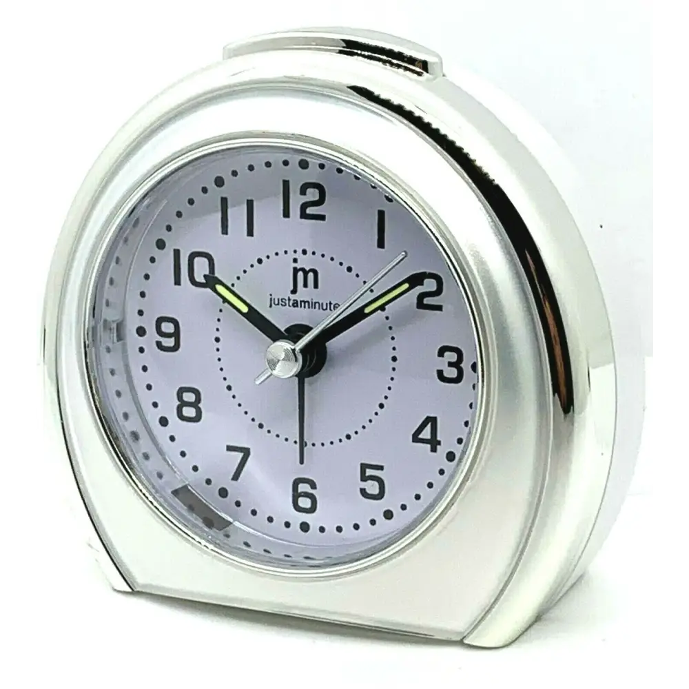 Orologio sveglia Lowell Sveglia Quarzo analogico bianco con luce snooze e suoneria, design minimalista in argento con quadrante bianco e lancette nere