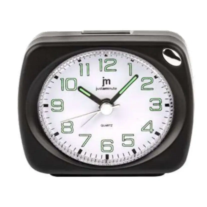 Orologio sveglia analogico Lowell JA7086E nero con quadrante bianco, lancette verdi, luce snooze e suoneria