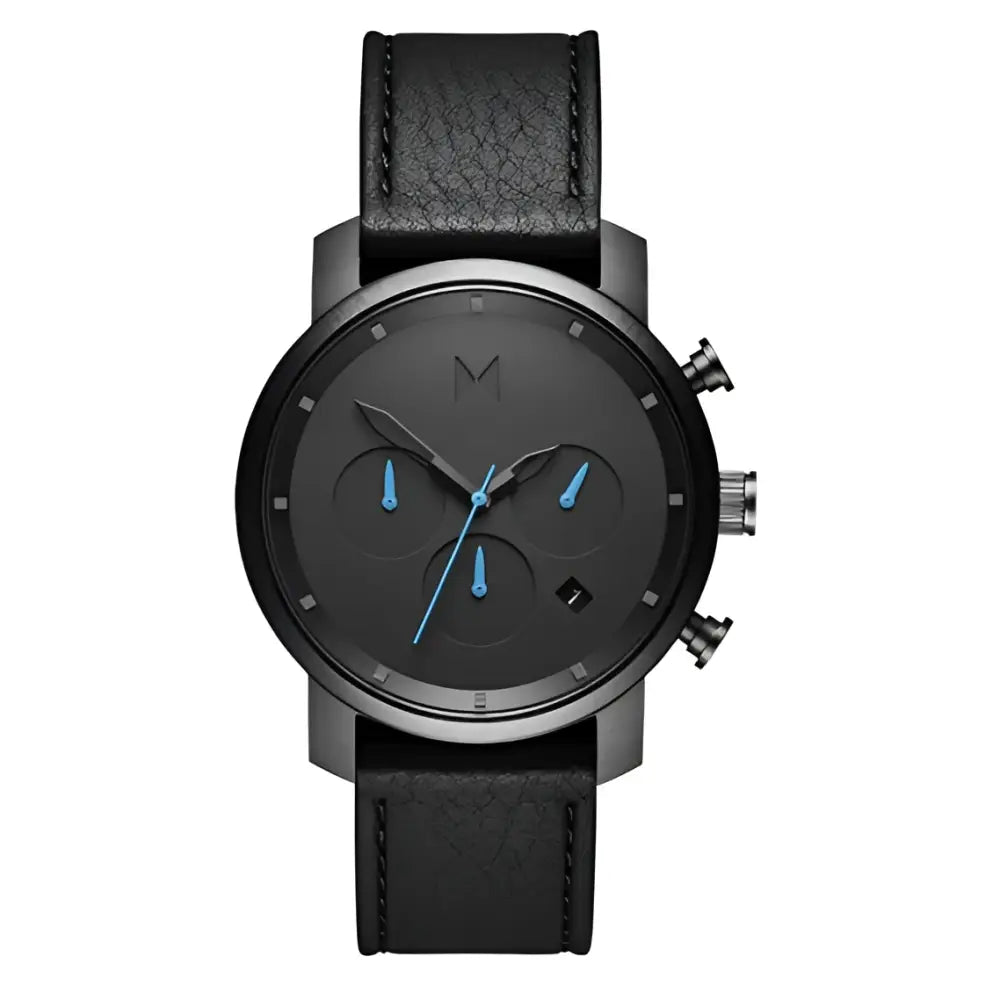 Orologio cronografo MVMT da uomo con cinturino in pelle nera, accenti blu e design minimalista