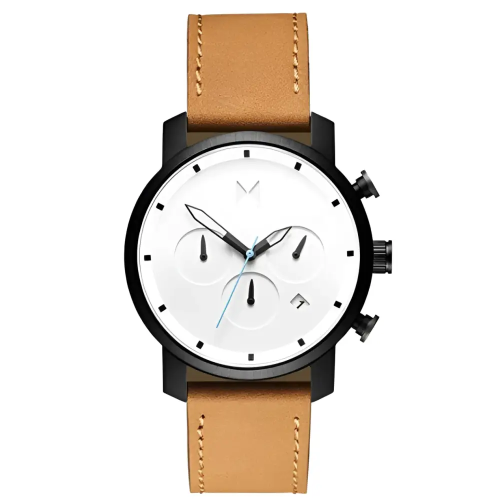 Orologio cronografo MVMT D-MC02-WBTL nero minimalista con cinturino in pelle marrone