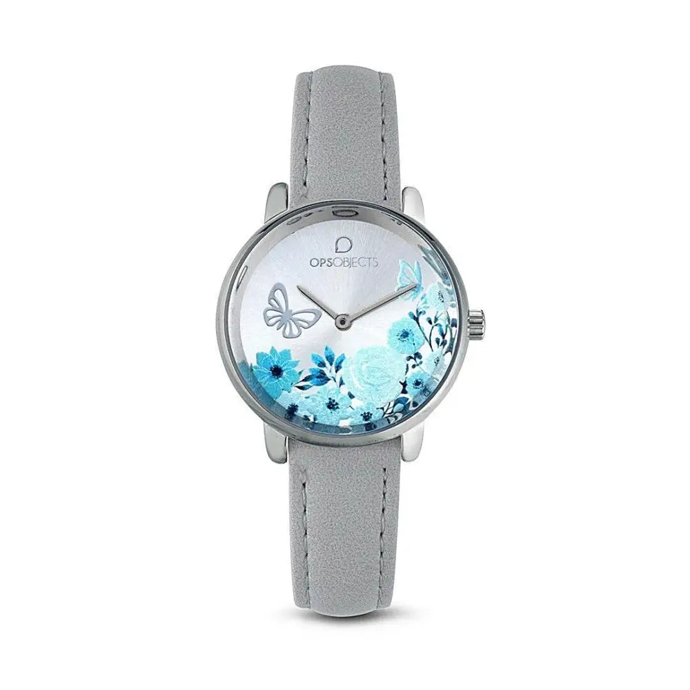 Orologio Opsobjects OPS!BOLD FLOWER farfalla argento con fiori blu e cinturino grigio