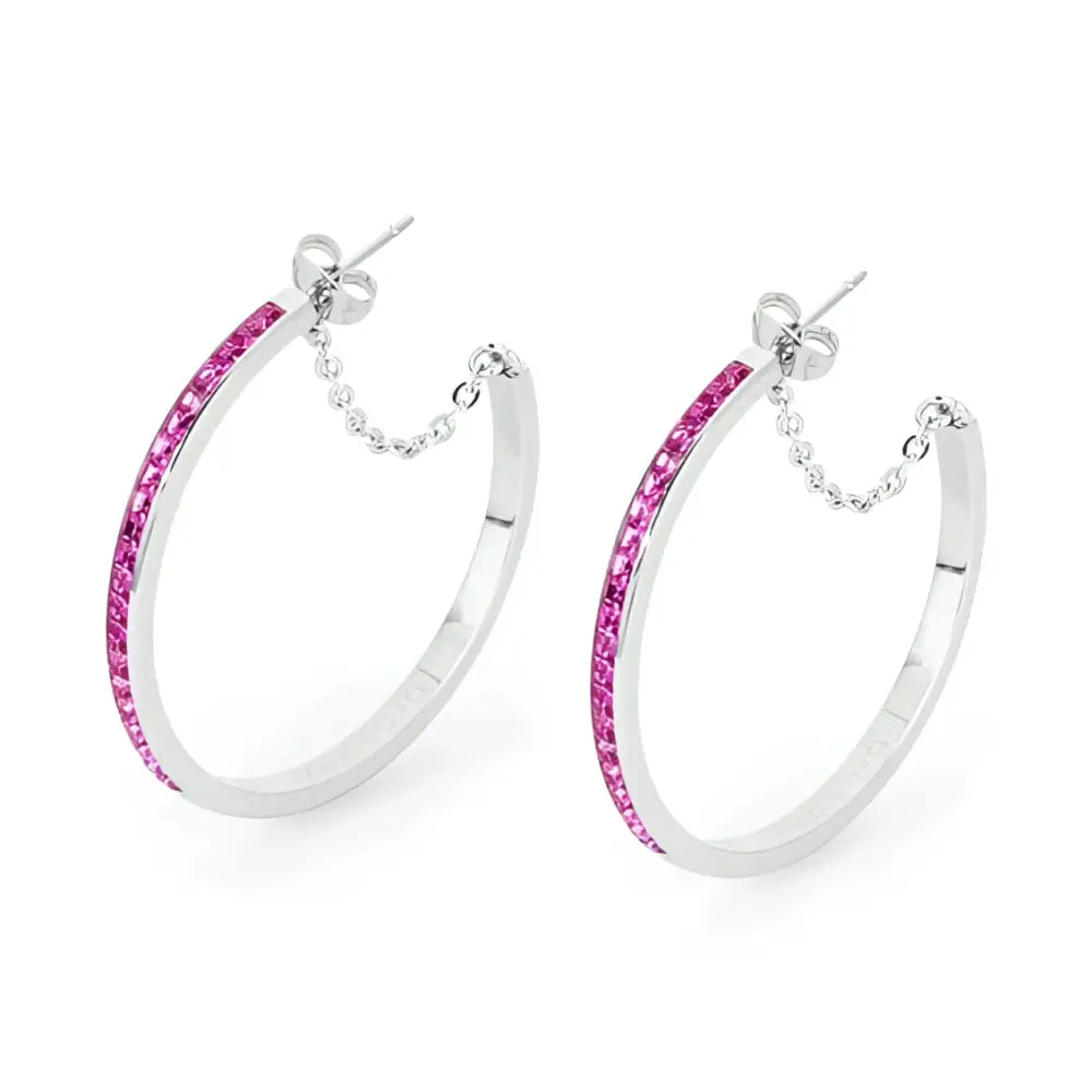 Orecchini a cerchi donna in argento con gemma rosa e catena BER29