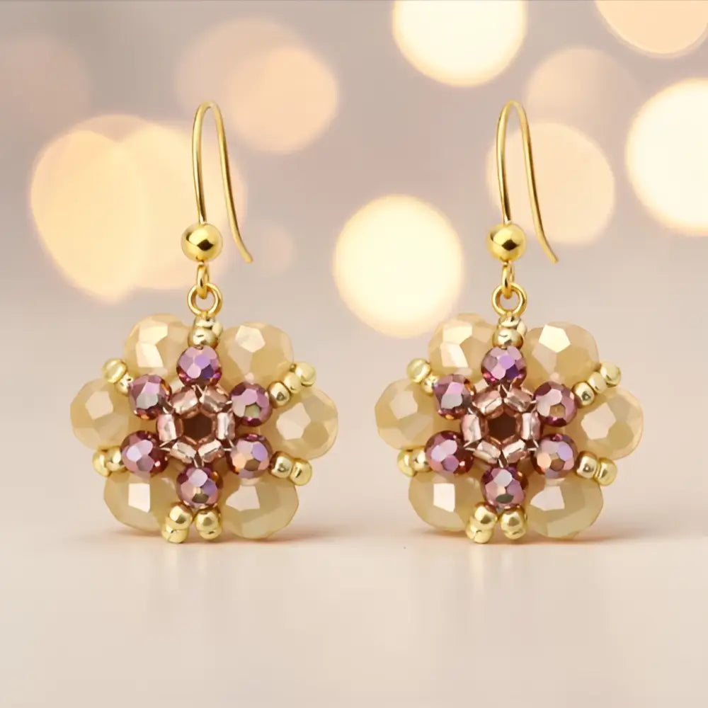 Orecchini artigianali Aurora con cristalli sfaccettati pesca viola e gancio argento 925 oro