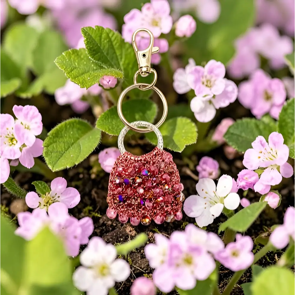 Portachiavi handmade Pochette di Luce con cristalli sfaccettati rosa scintillanti, chiusura e anello dorati