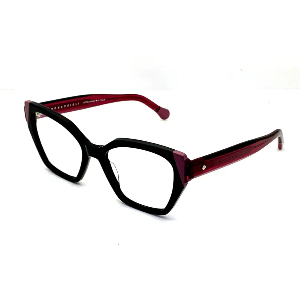 Montatura da vista donna Romeo Gigli RGV.115D-PP in acetato nero e bordeaux, cat-eye moderna, calibro 52/18
