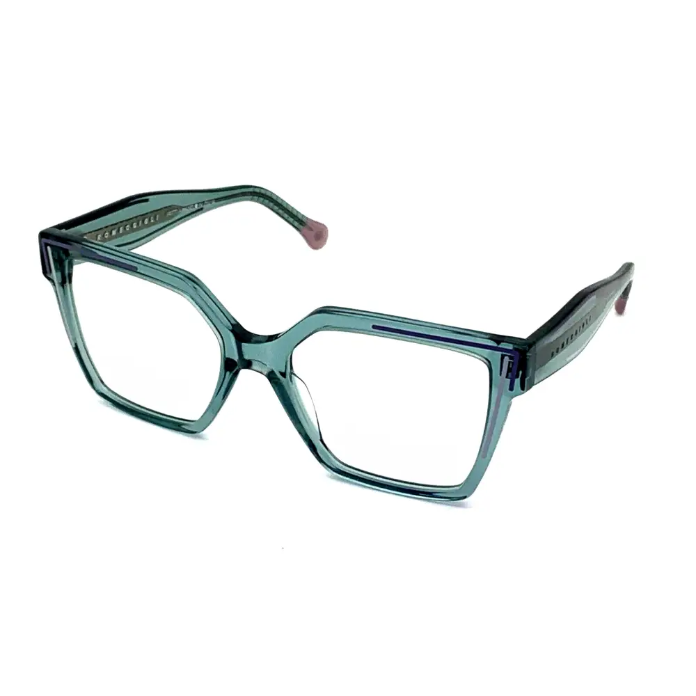 Occhiali rettangolari Romeo Gigli in acetato verde con stanghette rosa